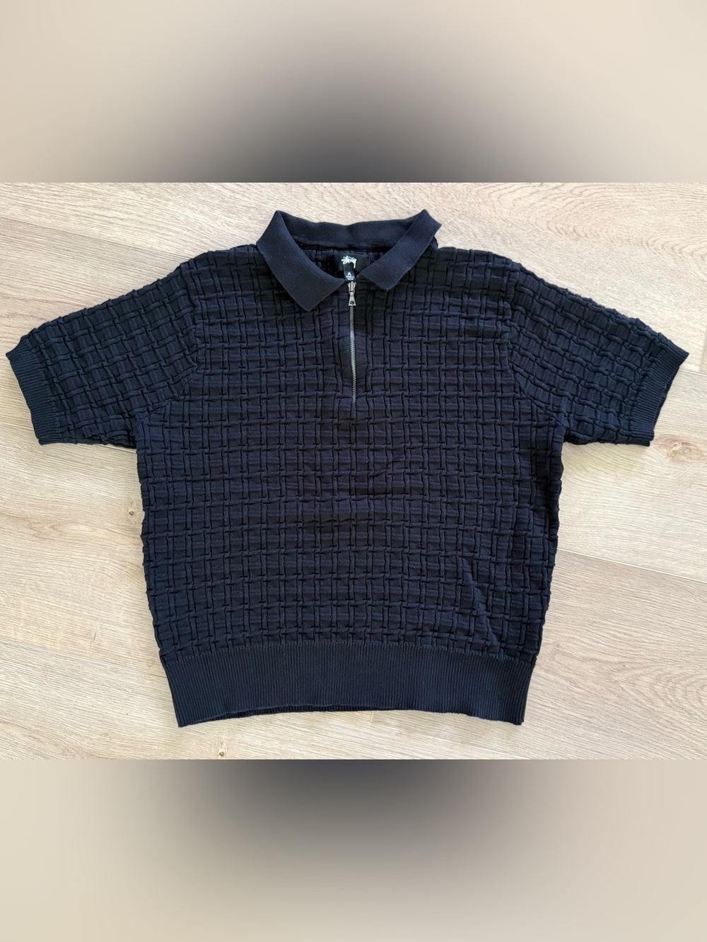 Stussy Textured Basket Weave Quarter Zip Knit Polo Men’s M Black